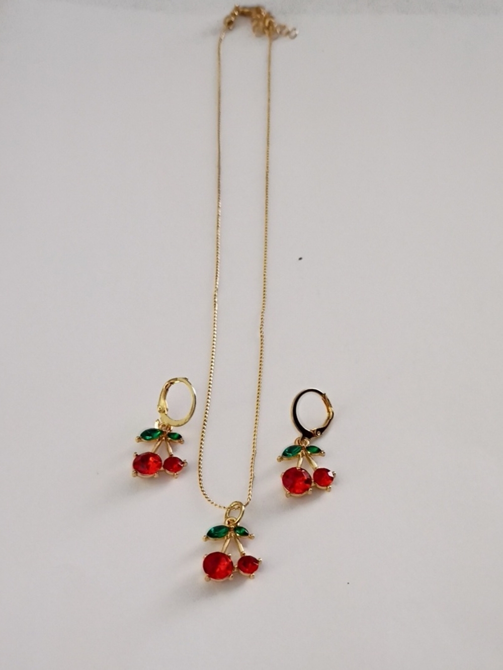 Gold Cherry Pendant Necklace and Earrings Set - Red and Green Accents